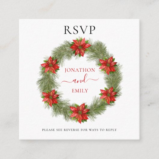Poinsettia kerstbruiloft QR-code RSVP Informatiekaartje (Voorkant)