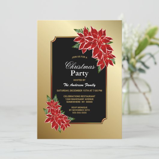 Poinsettia kerstfeestfeest Gold BoundBlack Kaart (Staand voorkant)