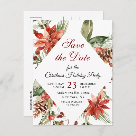 Poinsettia kerstfeestje Save The Date Aankondigingskaart (Voorkant / Achterkant)