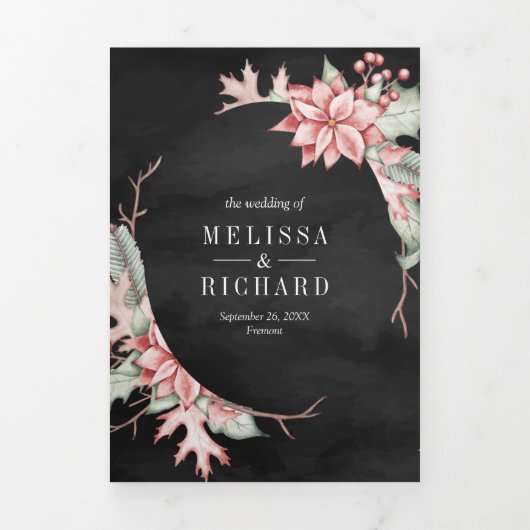 Poinsettia kerstkaarscode QR Code Black Weddenscha Drieluik Uitnodiging (Cover)