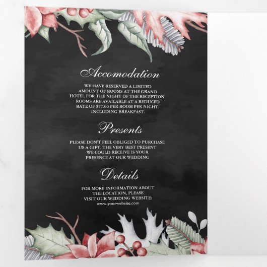 Poinsettia kerstkaarscode QR Code Black Weddenscha Drieluik Uitnodiging (Binnenzijde eerst)