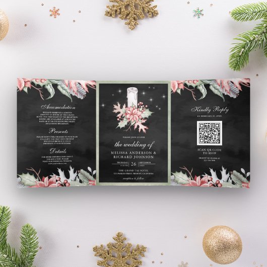 Poinsettia kerstkaarscode QR Code Black Weddenscha Drieluik Uitnodiging
