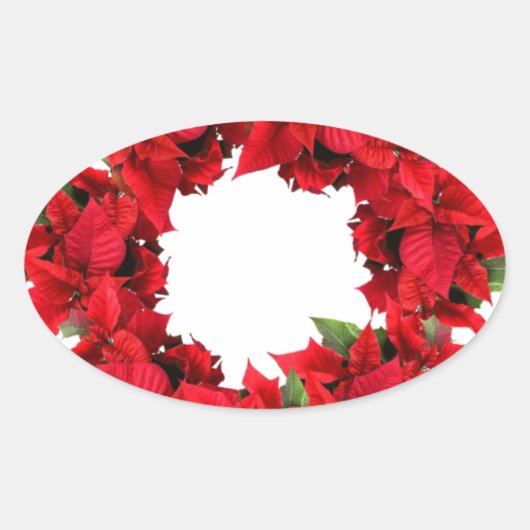 Poinsettia Kerstkrans Ovale Sticker (Voorkant)
