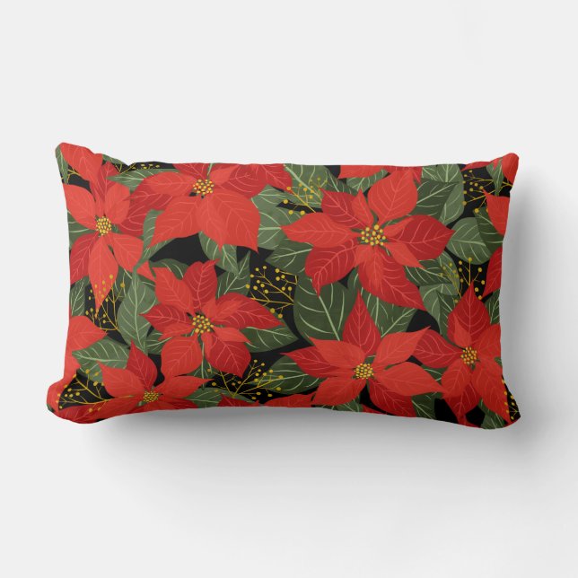 Poinsettia Kerstmis Floral Lumbar Pillow Kussen (Voorkant)