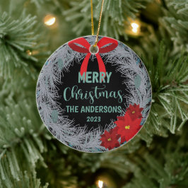 Poinsettia Kerstmis met naam en jaar Keramisch Ornament