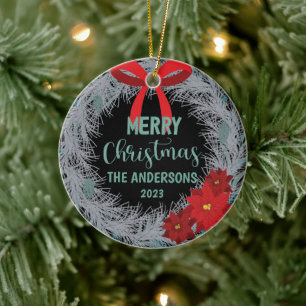 Poinsettia Kerstmis met naam en jaar Keramisch Ornament