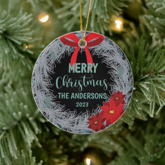 Poinsettia Kerstmis met naam en jaar Keramisch Ornament (Boom)