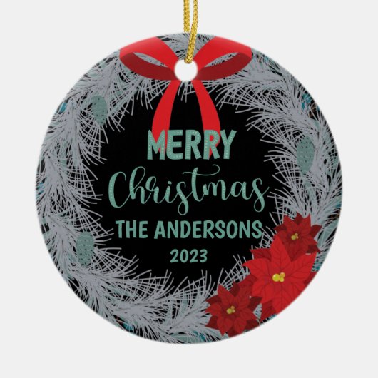 Poinsettia Kerstmis met naam en jaar Keramisch Ornament (Voorkant)