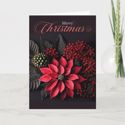 Poinsettia Kerstmis op Black Bold Red Berries Feestdagen Kaart (Voorkant)