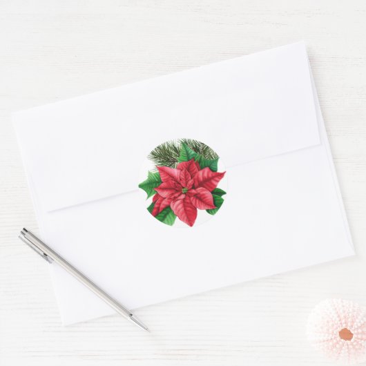 Poinsettia Kerststicker Ronde Sticker (Envelop)