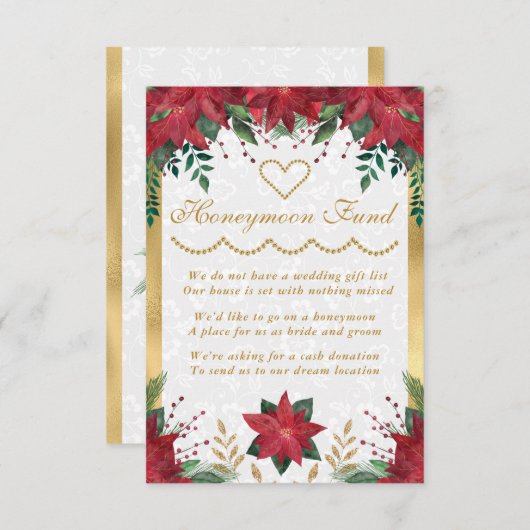 Poinsettia Kerstwinter Weddenschap Honeymoon Fonds Informatiekaartje (Voorkant / Achterkant)