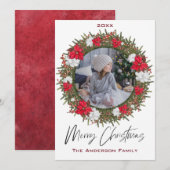 Poinsettia krans Bloemen Foto Vrolijk Kerstfeest Feestdagenkaart (Voorkant / Achterkant)