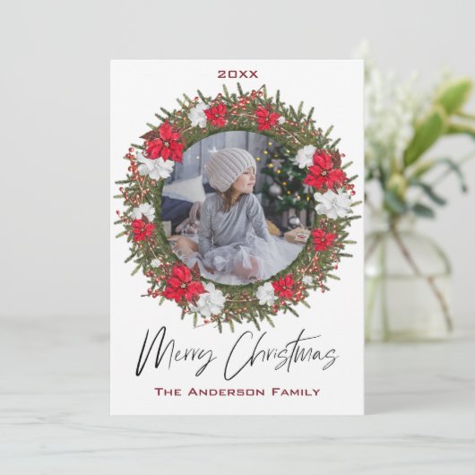Poinsettia krans Bloemen Foto Vrolijk Kerstfeest Feestdagenkaart (Staand voorkant)
