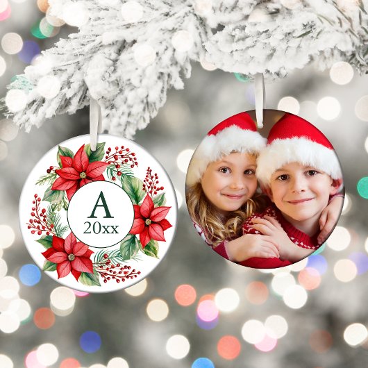 Poinsettia krans foto monogram jaar keramisch ornament