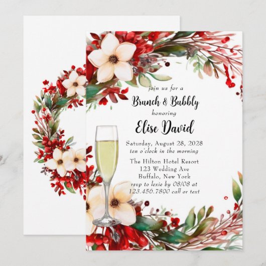 Poinsettia krans Kerstbrunch & Bubble Kaart (Voorkant / Achterkant)