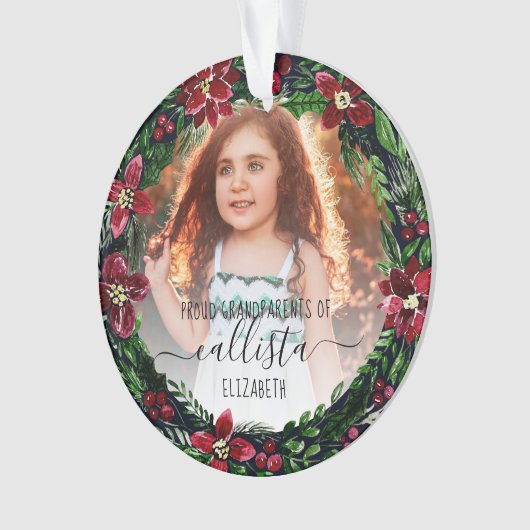 Poinsettia Krans Trotse Grootouders Fotonaam Ornament (voorkant)