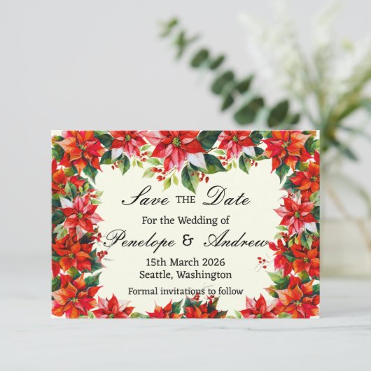 Poinsettia Kroon van de Andes Save the Date Kaart (Staand voorkant)
