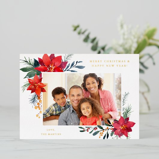 Poinsettia Lijst H Foto Holiday Folie Uitnodiging (Staand Voorkant)