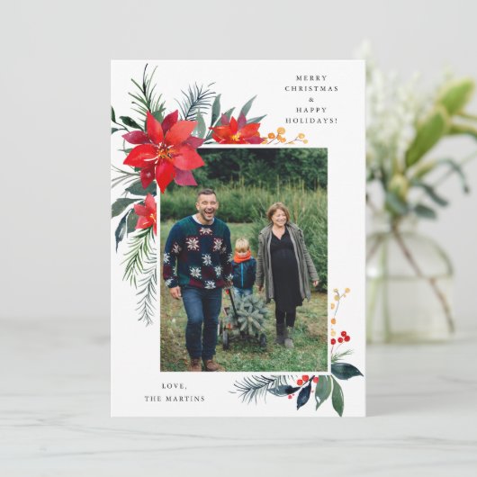 Poinsettia Lijst V Photo Holiday Card (Staand voorkant)