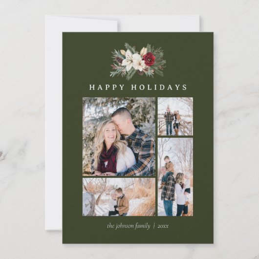 Poinsettia & Lily 5 Photo Collage Rustic Christmas Feestdagenkaart (Voorkant)