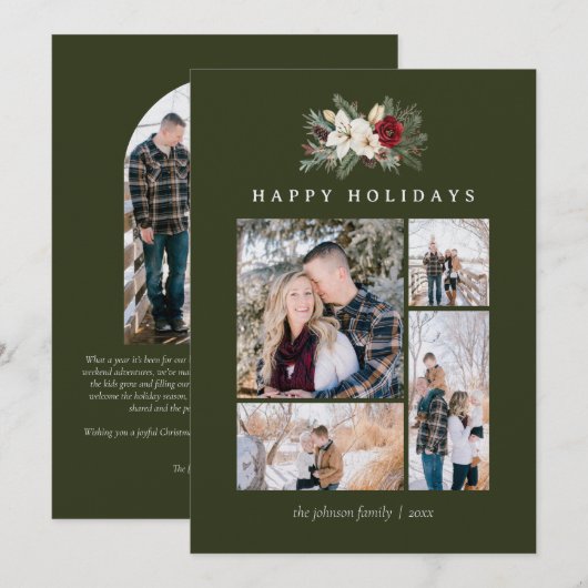Poinsettia & Lily 5 Photo Collage Rustic Christmas Feestdagenkaart (Voorkant / Achterkant)