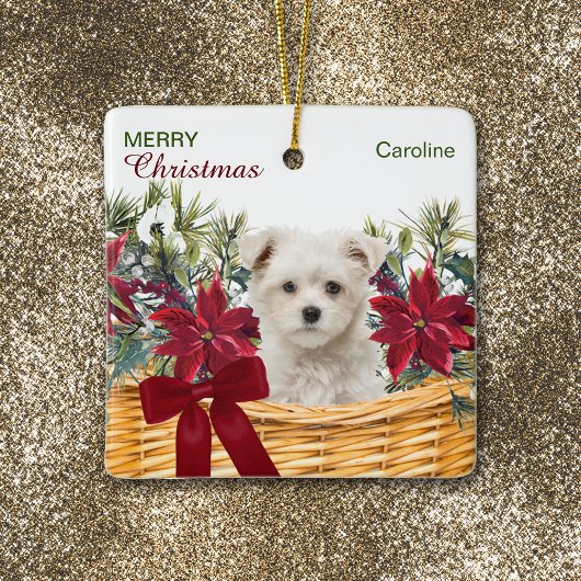 Poinsettia Maltese puppy kerstmandje Keramisch Ornament