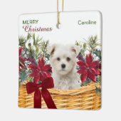Poinsettia Maltese puppy kerstmandje Keramisch Ornament (Links)
