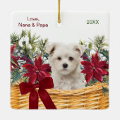 Poinsettia Maltese puppy kerstmandje Keramisch Ornament (Achterkant)