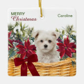 Poinsettia Maltese puppy kerstmandje Keramisch Ornament (Voorkant)