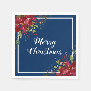 Poinsettia Marine Blauw Vrolijk Kerstfeest Servet