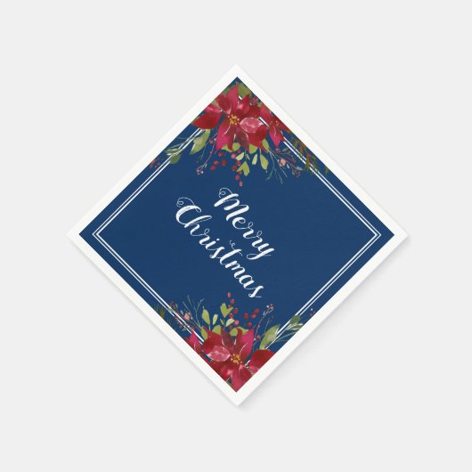Poinsettia Marine Blauw Vrolijk Kerstfeest Servet (Hoek)