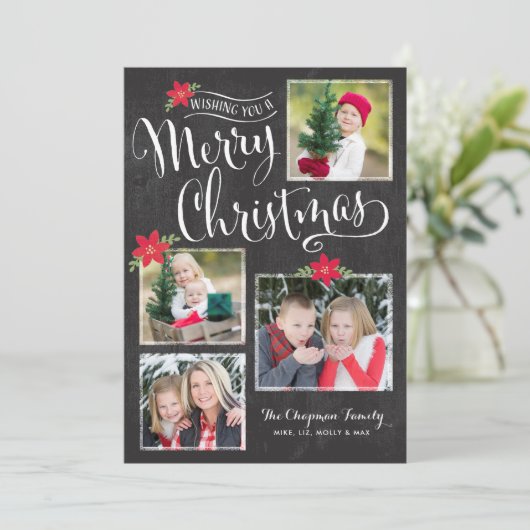 Poinsettia Merry-kerstfotokaart Feestdagenkaart (Staand voorkant)