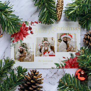 Poinsettia & Merry-kersttypografie 3-Foto Folie Feestdagenkaart