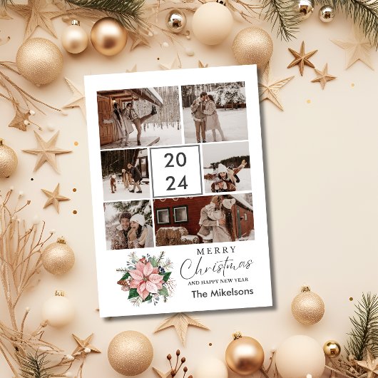 Poinsettia Modern Trendy Kerst Paar Foto Feestdagenkaart