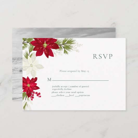 Poinsettia Moderne Bruiloft RSVP Kaart Gree (Voorkant / Achterkant)