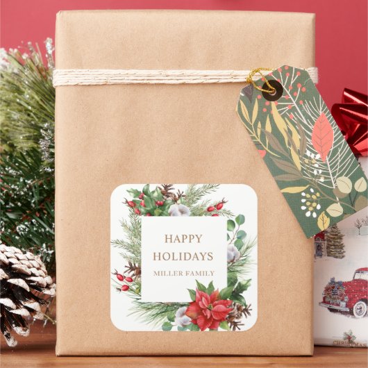 Poinsettia Monogram met Rode Bessen Vierkante Sticker (Feestdagen)