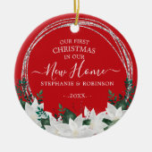 Poinsettia ons eerste kerstfeest in ons nieuwe hui keramisch ornament (Voorkant)