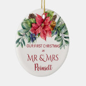 Poinsettia, onze eerste Kerstmis als Mr & Mrs Foto Keramisch Ornament (Rechts)