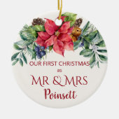 Poinsettia, onze eerste Kerstmis als Mr & Mrs Foto Keramisch Ornament (Voorkant)