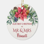 Poinsettia, onze eerste Kerstmis als Mr & Mrs Foto Keramisch Ornament (Links)