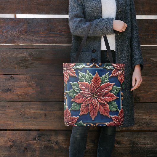 Poinsettia op Blauw Tote Bag