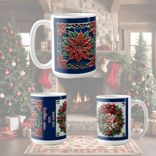 Poinsettia op Blauwe Kerst Aanpasbaar  Koffiemok