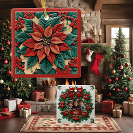 Poinsettia op rode kerst  keramisch ornament