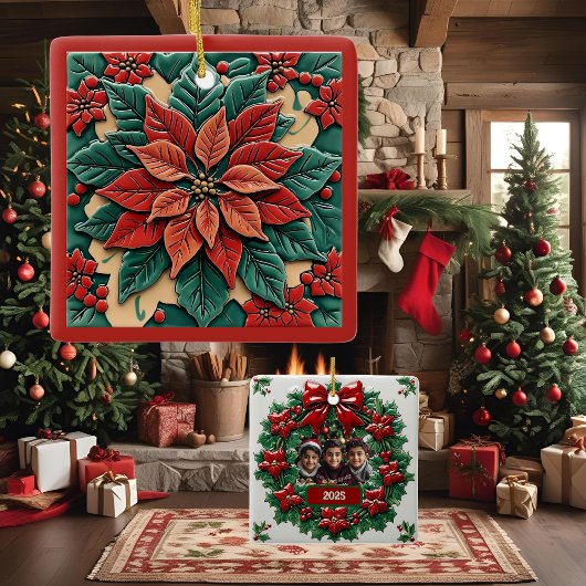 Poinsettia op rode kerst  keramisch ornament