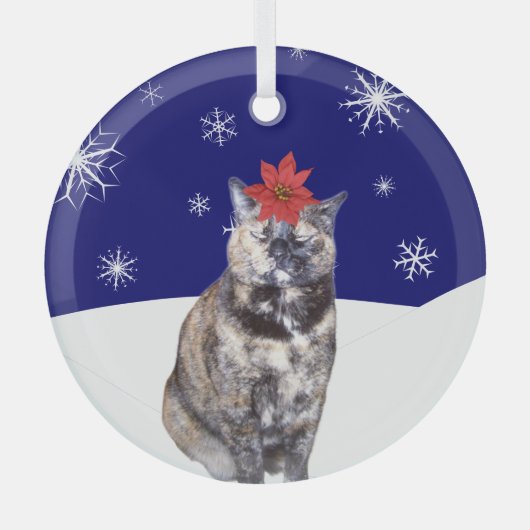 Poinsettia op Tortoiseshell Kat met Snowy Hills Glas Ornament (Voorkant)