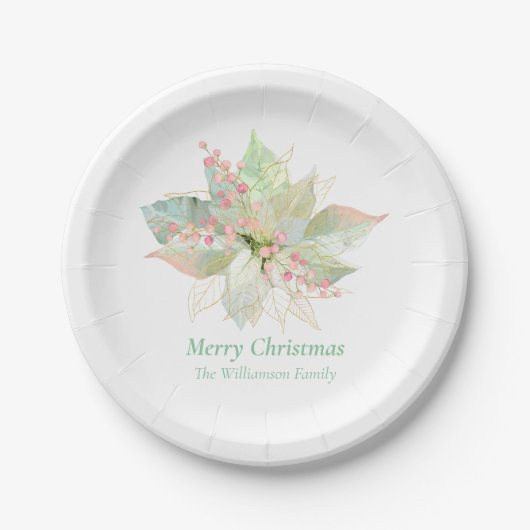 Poinsettia Pastel Elegant Kerst Roze Sage Papieren Bordje (Voorkant)