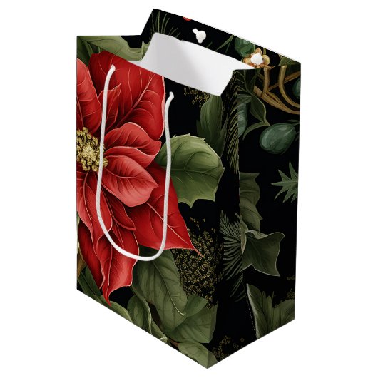  Poinsettia Patroon Kerst Medium Cadeauzakje (Voorkant Gekanteld)