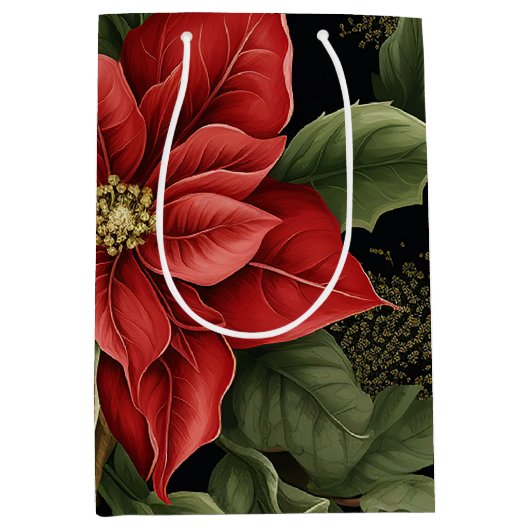  Poinsettia Patroon Kerst Medium Cadeauzakje (Voorkant)