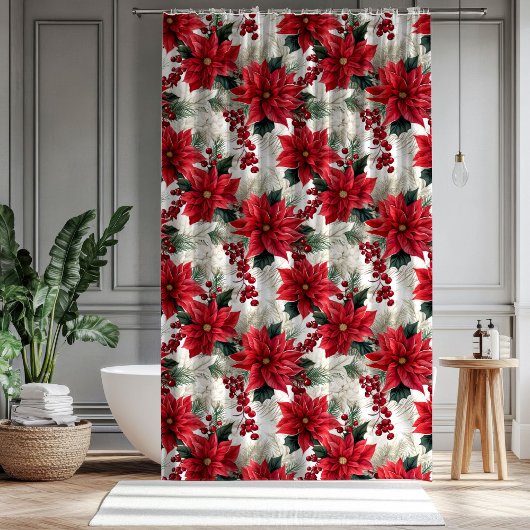 Poinsettia Pattern Curtain Classic Holiday Look Douchegordijn