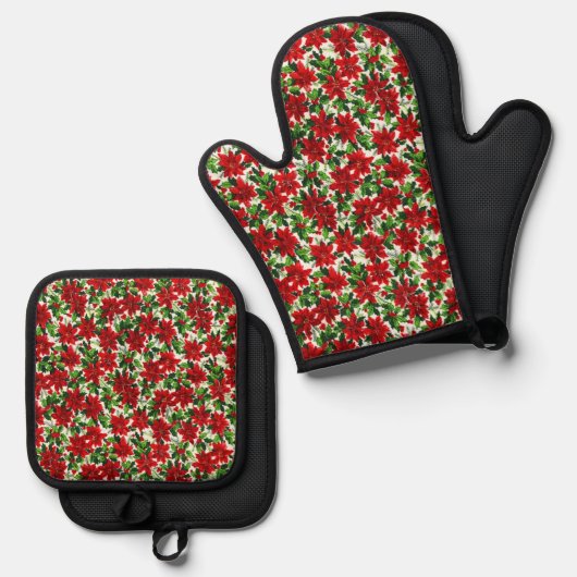 Poinsettia Pattern Kerstmis Ovenwant & Pannenlap Set (Voorkant / Achterkant)
